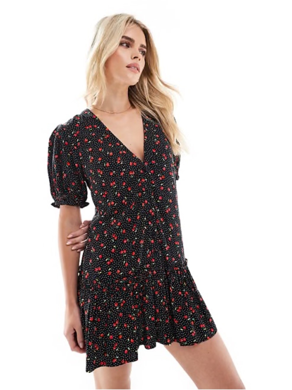 Miss Selfridge Black Mini Dress with Red Floral Print